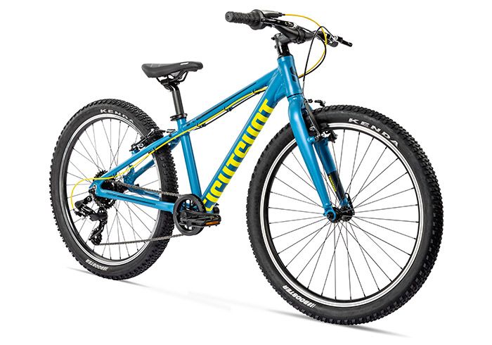 Ein blaues Kinderfahrrad in der Seitenansicht. 